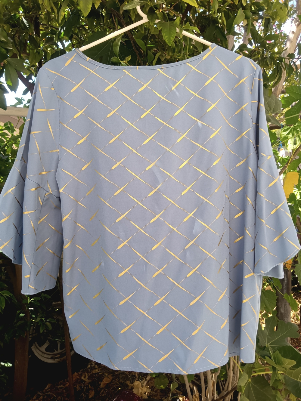 Blue & Gold Patterned Ruffle Sleeve Blouse - Picture 6 of 12
